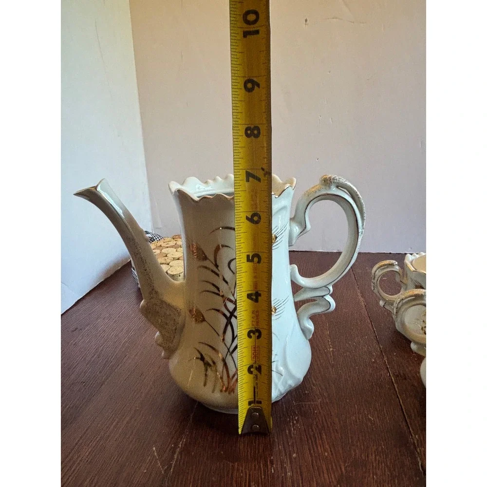Lefon China Vintage Hand Painted Gold Wheat Tea Set Teapot Sugar Creamer 20595